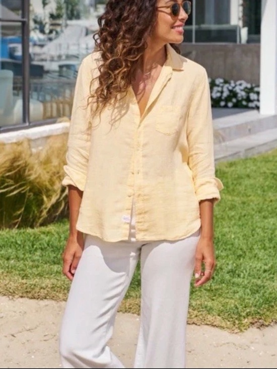 Frank & Eileen Tops - Frank & Eileen Eileen Yellow Stripe Italian Linen Button Front Shirt Coastal XS